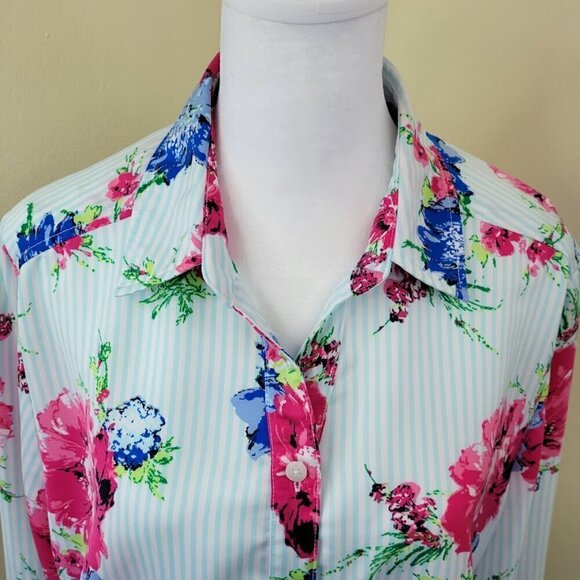 Chico’s Striped Floral Print Blouse Roll Tab Sleeve Pink Blue Women’s Size L - Picture 2 of 13